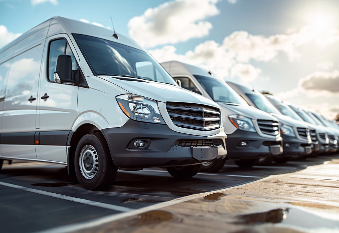Row of white vans parked on a lot under a cloudy sky.