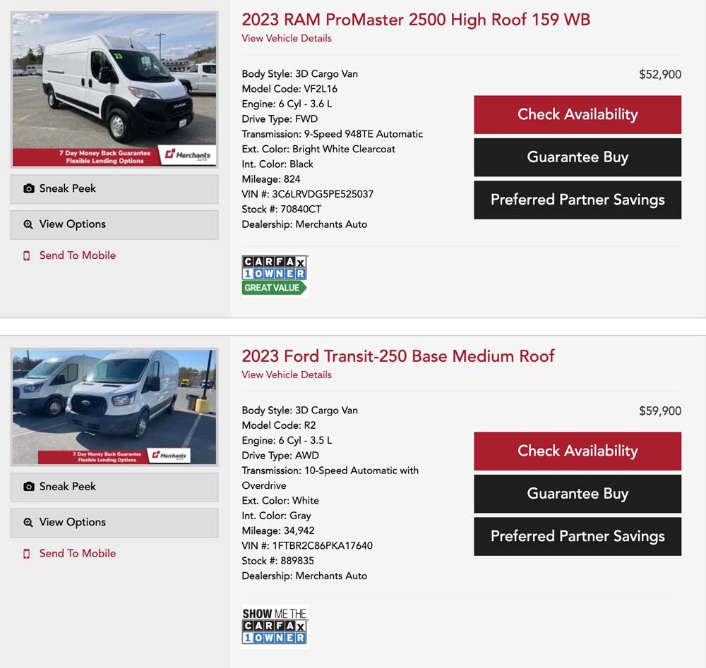 Comparison of a 2023 RAM ProMaster and a 2023 Ford Transit, both white cargo vans with pricing and option buttons.